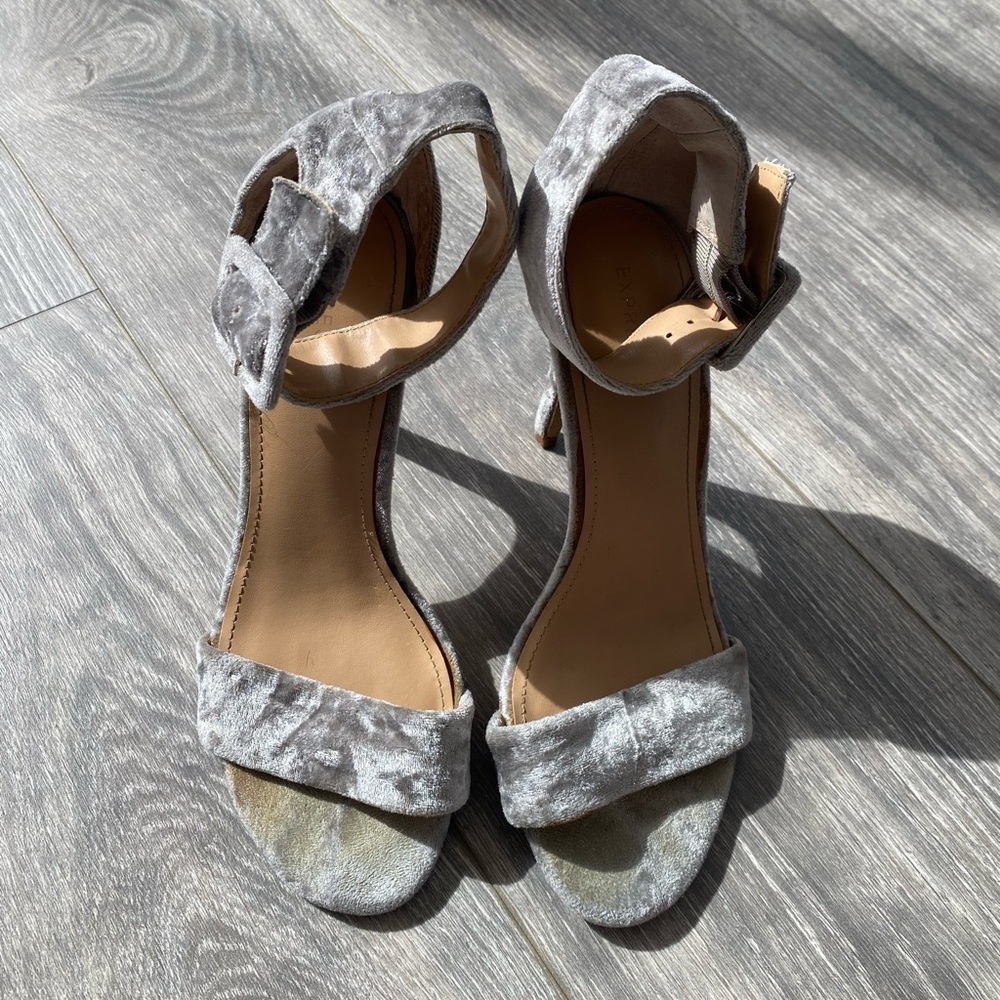Express - Grey Velvet Ankle Strap Open Toe Heels - Size 7
